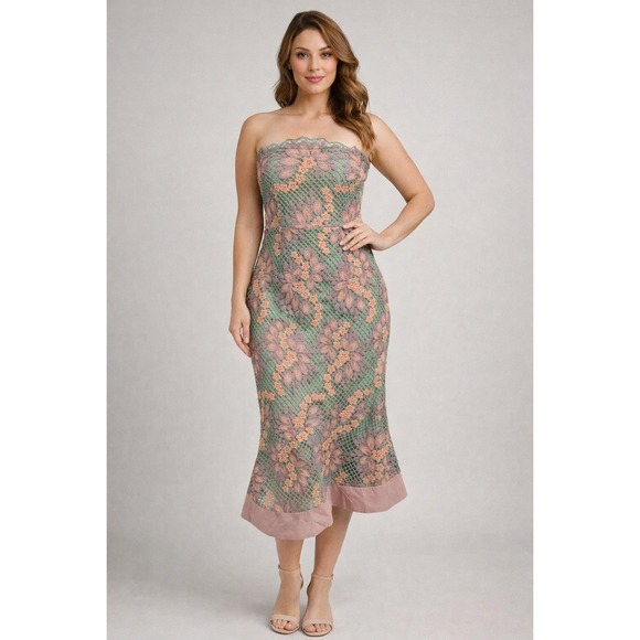 foxiedox Dresses & Skirts - Foxiedox S Strapless Floral Lace Midi Dress Green Pink Scalloped Wedding Guest
